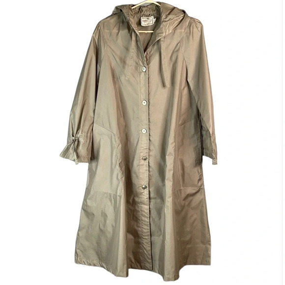 VINTAGE Mulberry Street Tan Nylon Long Trench Coat Hood Pockets Puff Shoulder 8 - Picture 2 of 15